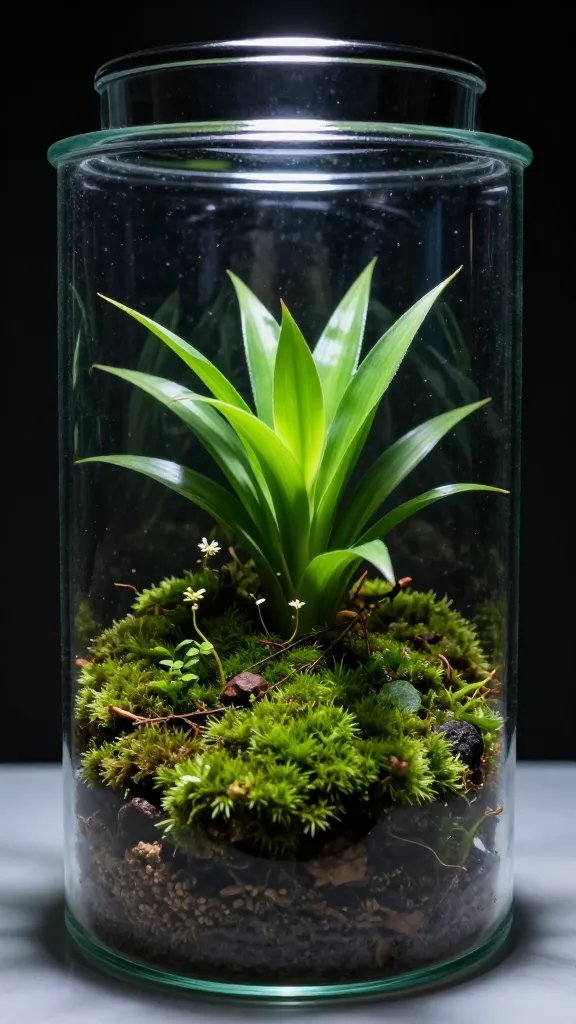 moss cushion thriving inside sealed jar terrarium