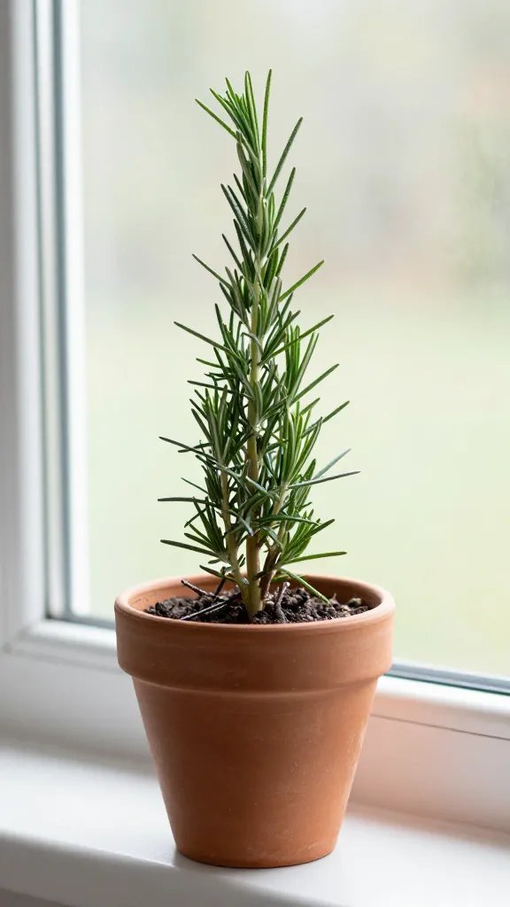 single rosemary sprig in terracotta pot by south window