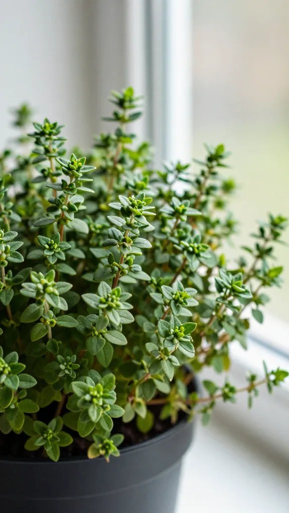thyme plant with legginess from north window light