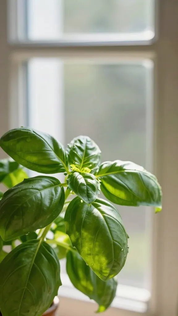 basil leaves with crisp sunlit highlights, west window