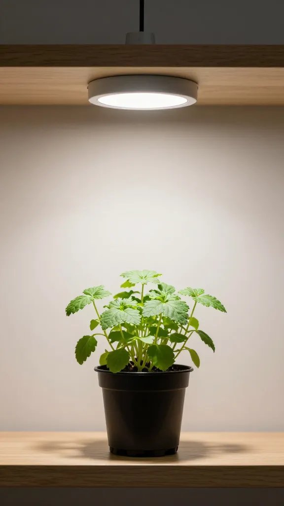 single grow light clipped to shelf above herb pot