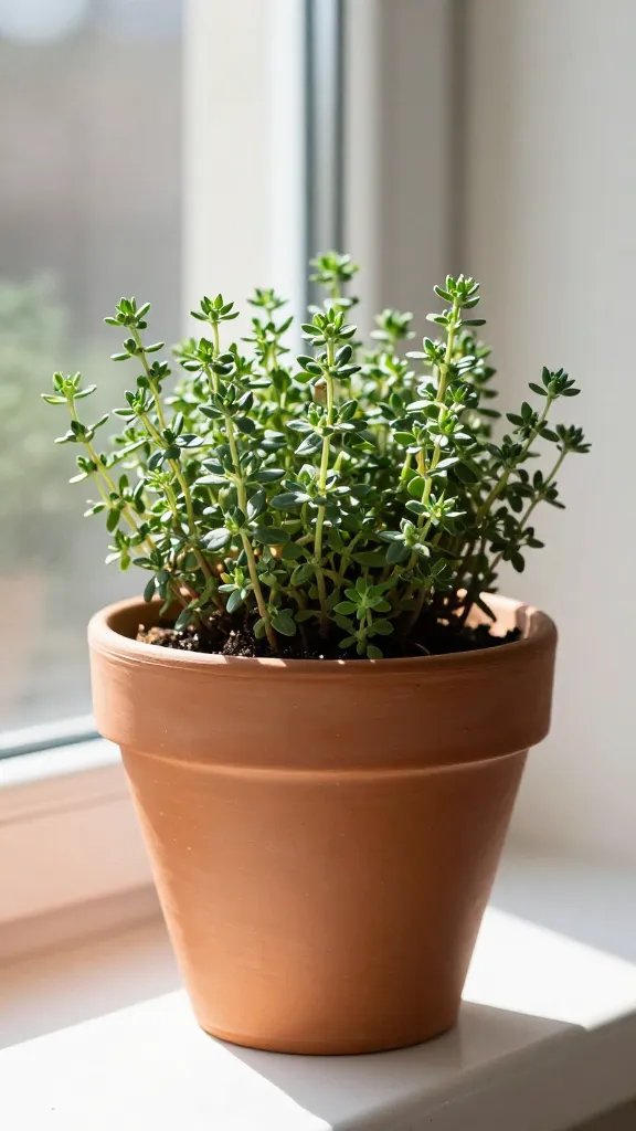thyme in breathable terracotta pot on sunny sill