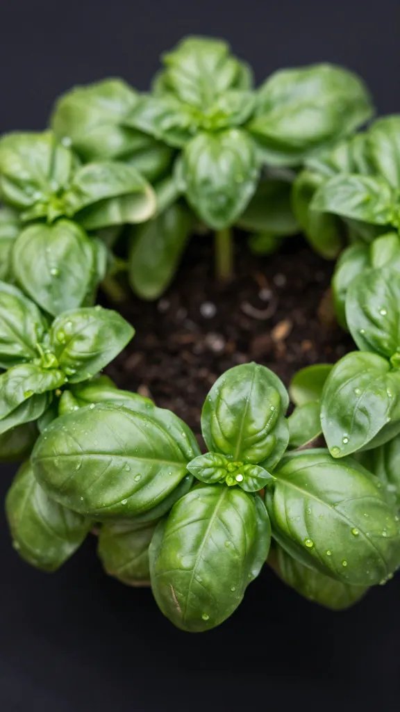 closeup basil crown with new growth under LED