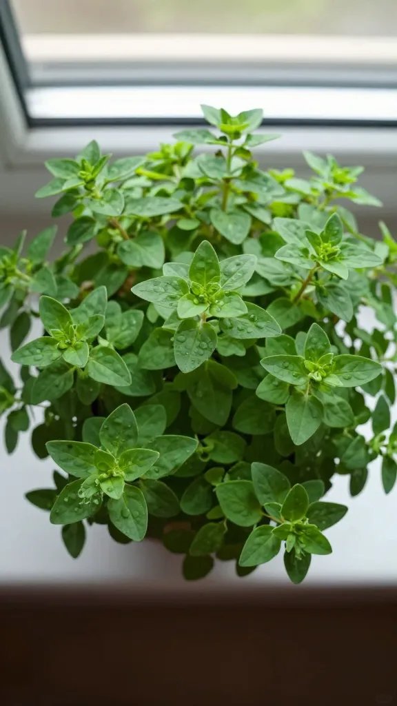 oregano top view, compact growth in strong window light