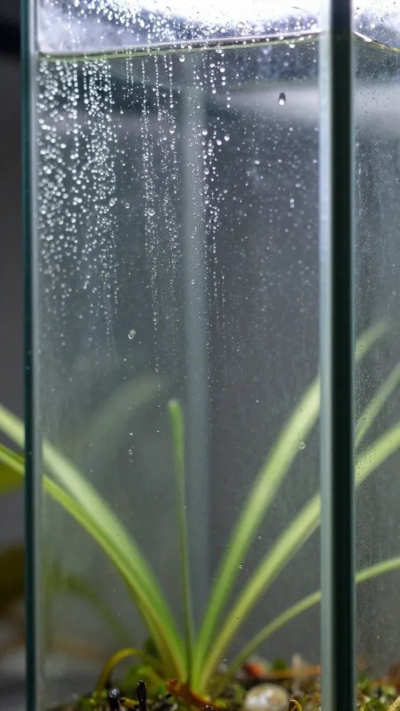 closeup sealed glass terrarium with visible condensation beads