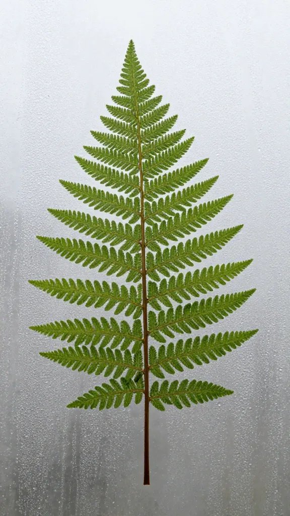 single fern frond pressed against dewy glass