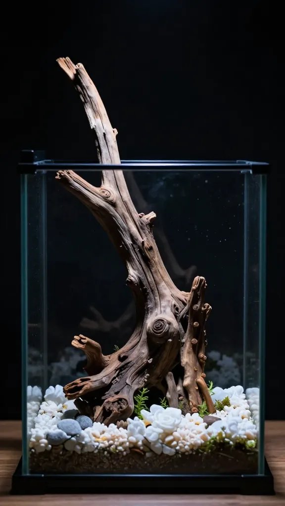 miniature driftwood branch inside humid terrarium