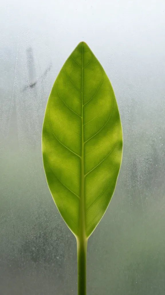 bright green peperomia leaf against misted glass