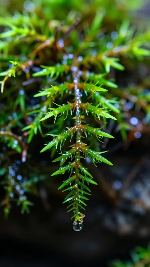macro of waterlogged sphagnum moss strand in terrarium