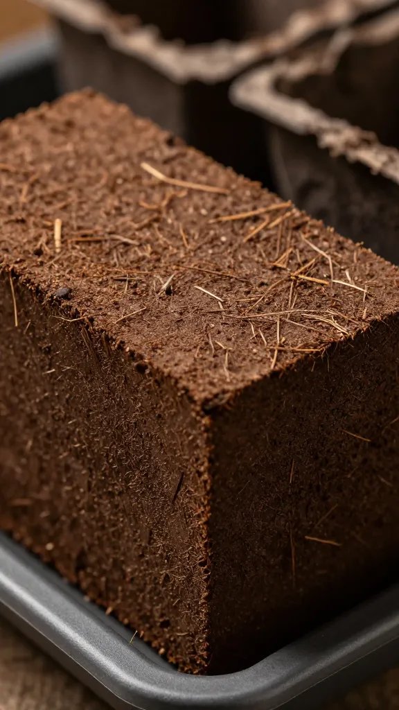closeup of coco coir brick on potting bench