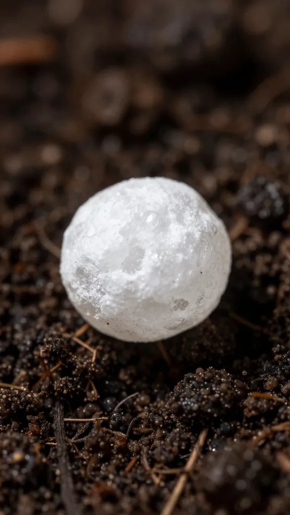 single white perlite granule macro on dark soil