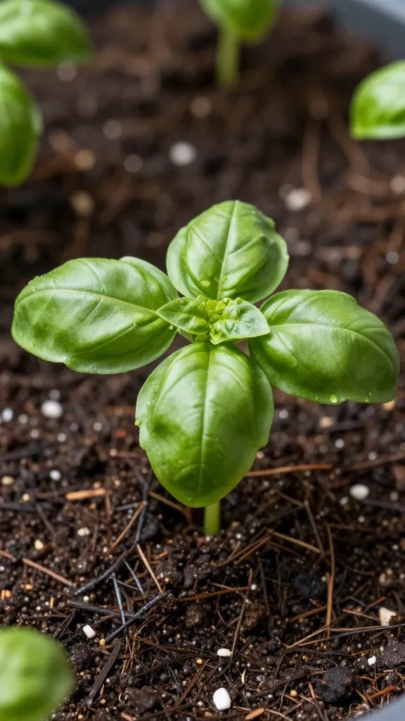 single basil seedling in premium mix closeup