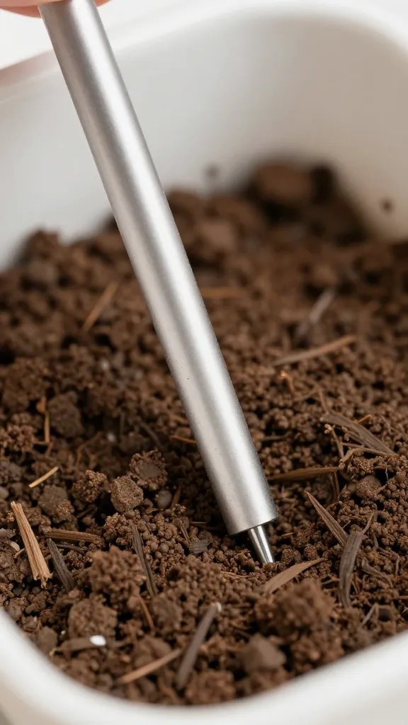 moisture meter probe in potting mix closeup