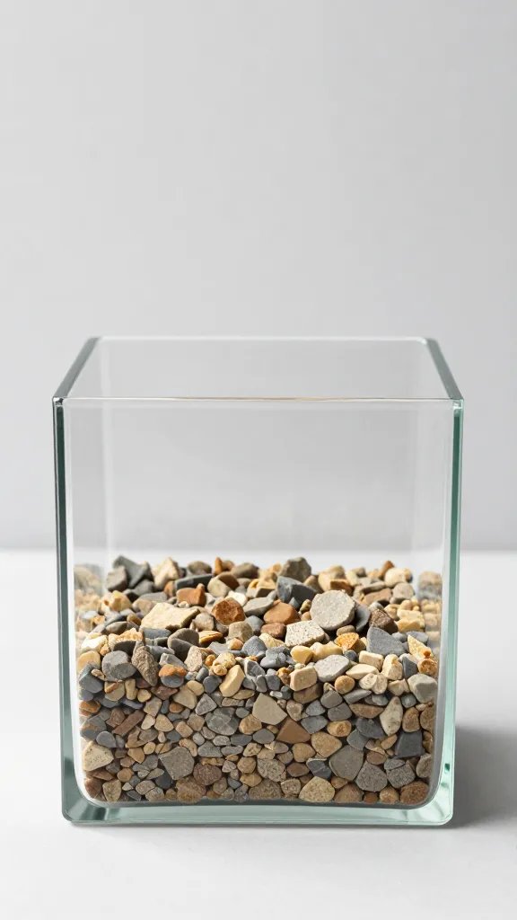 clear glass terrarium base showing distinct gravel layer
