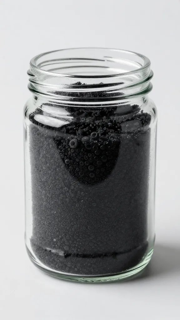 single layer of activated charcoal in glass jar