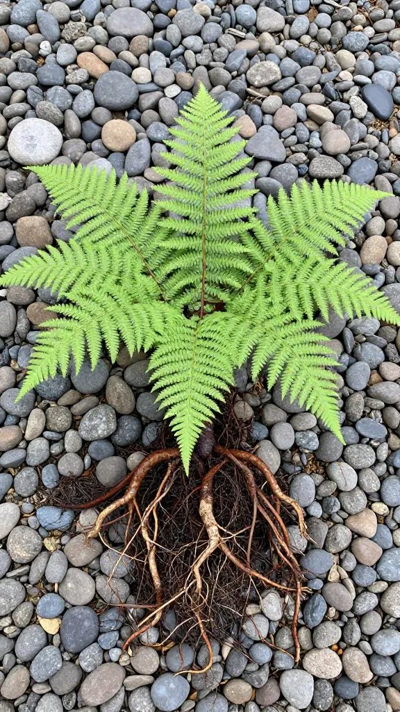rooted fern crown above visible drainage pebbles