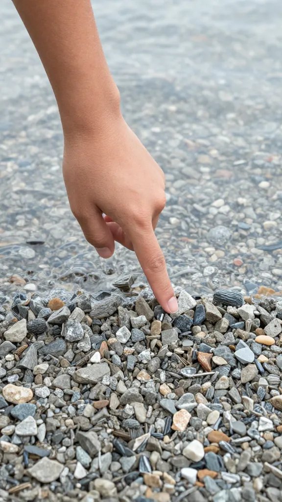 fingertip pointing to waterline above gravel layer