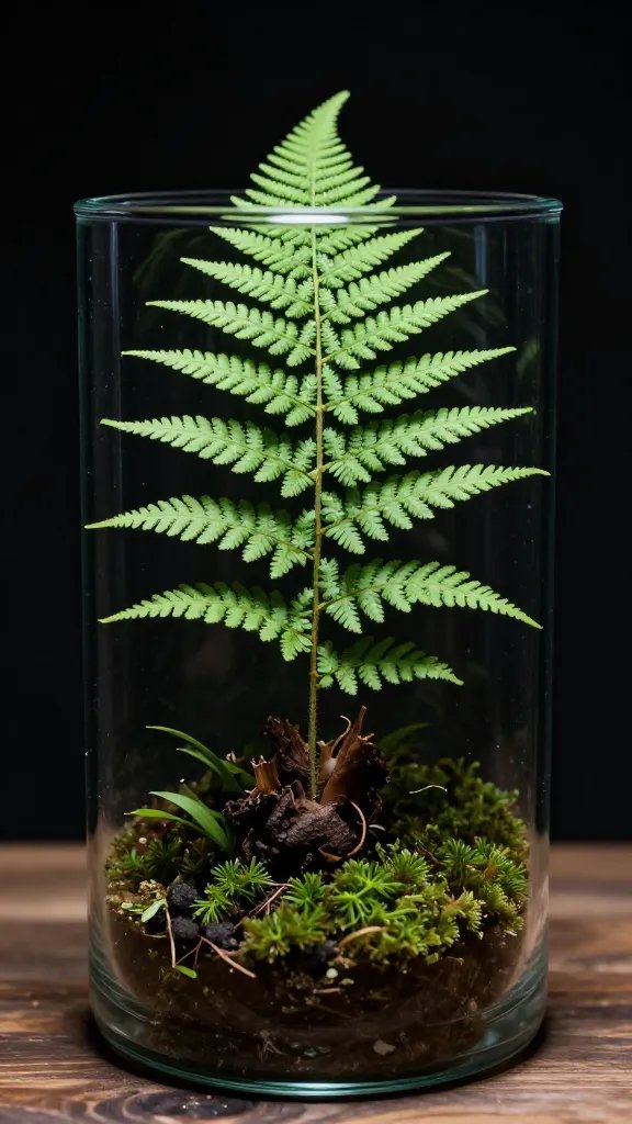 single feature fern centered in small glass terrarium