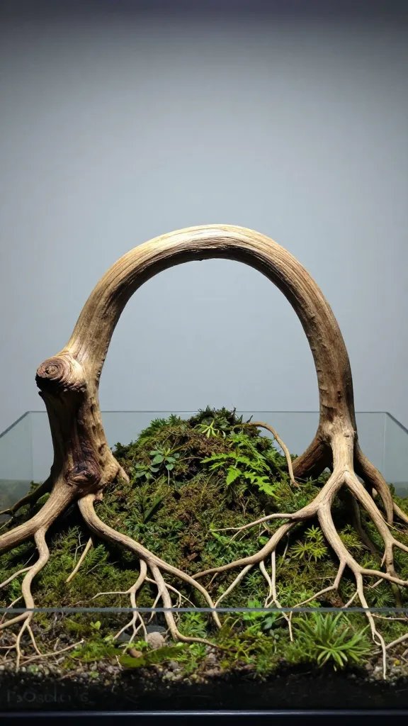 curved root wood arching over terrarium hill