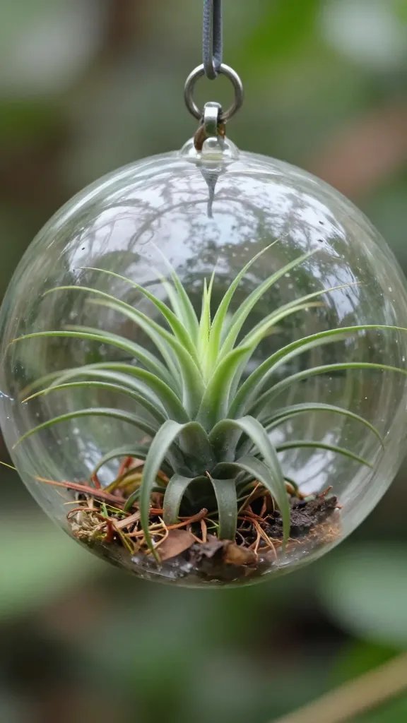 closeup hanging glass globe terrarium with single Tillandsia