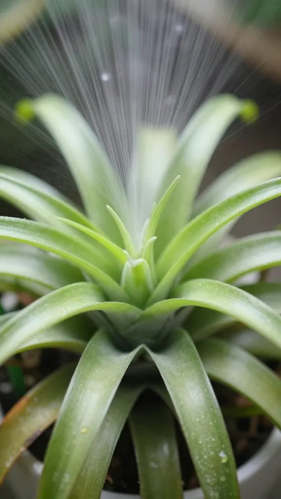 healthy Tillandsia with bright green leaves post-misting closeup