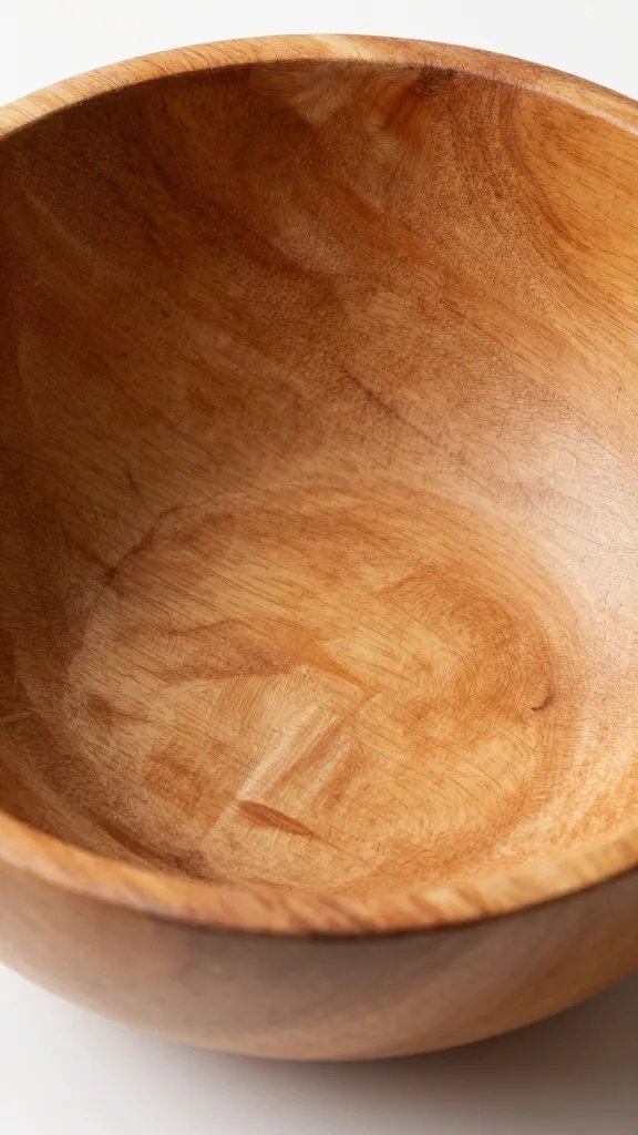 Closeup of thrifted wooden salad bowl, empty and clean