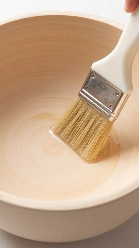 Brush applying clear wood sealer on bowl interior