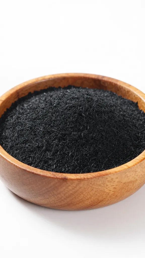 Thin activated charcoal layer in lined wooden bowl