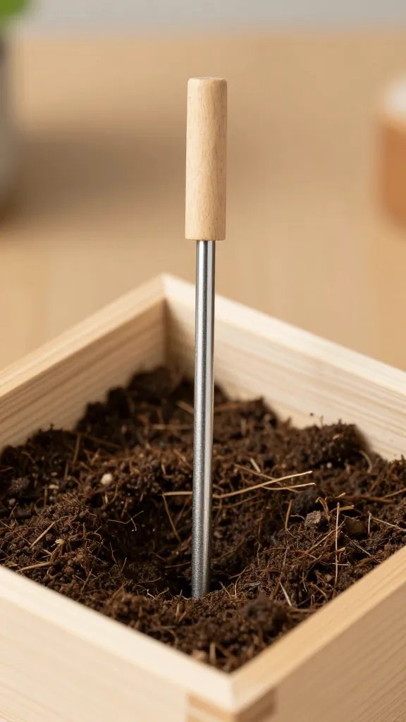 Moisture meter probe in soil of wooden terrarium