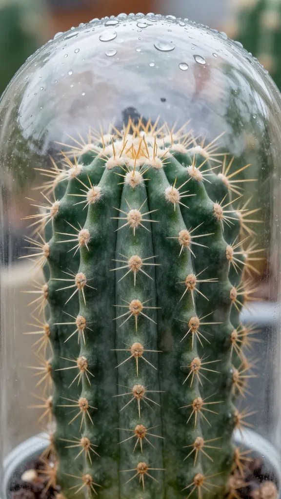 closeup of cactus crown under glass cloche with dew