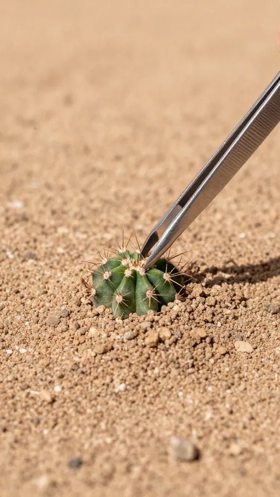 tweezers placing cactus above dry mineral layer