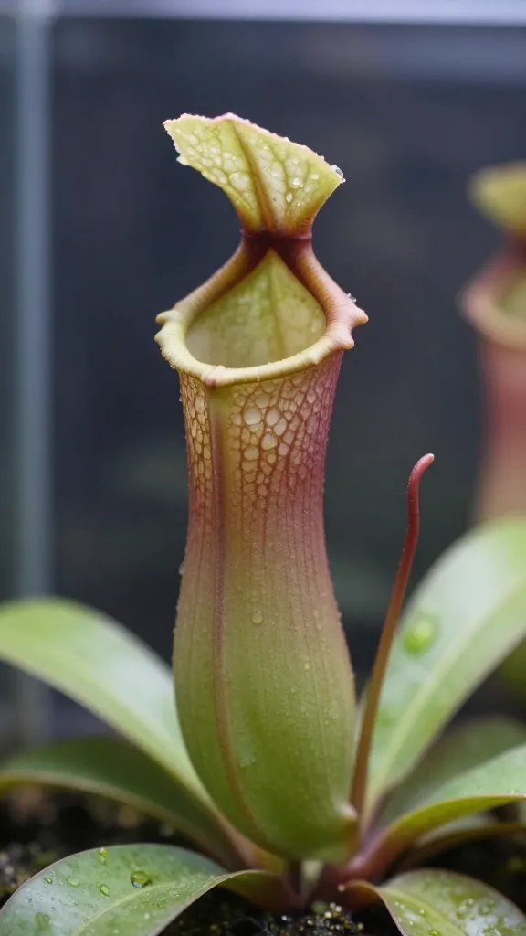 closeup Nepenthes pitcher in glass terrarium, soft humidity