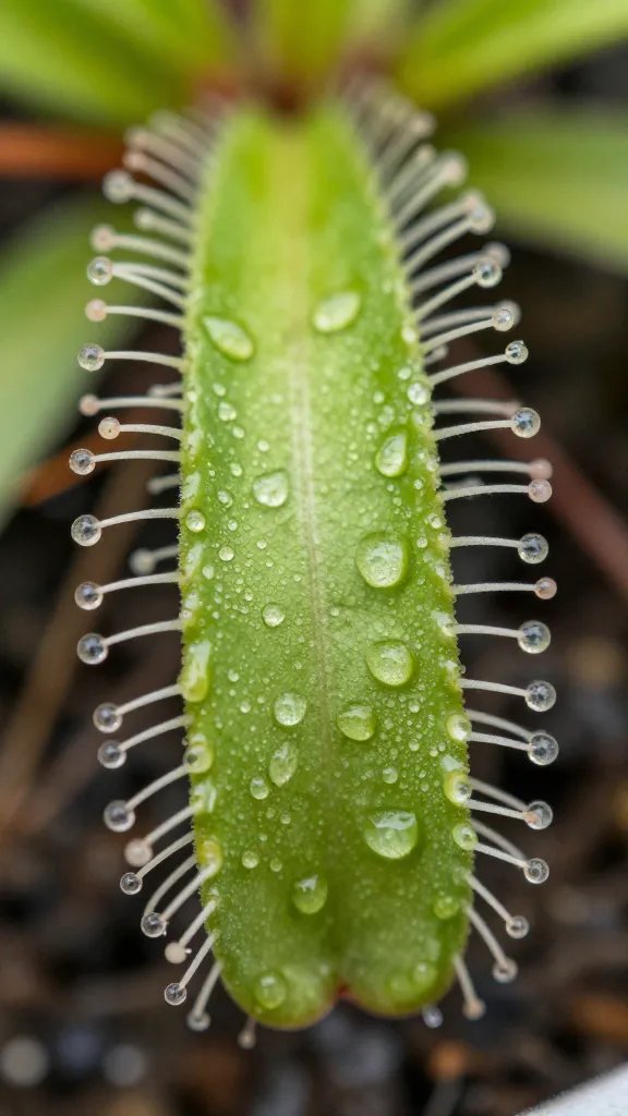 single Drosera capensis leaf with dewy tentacles, macro