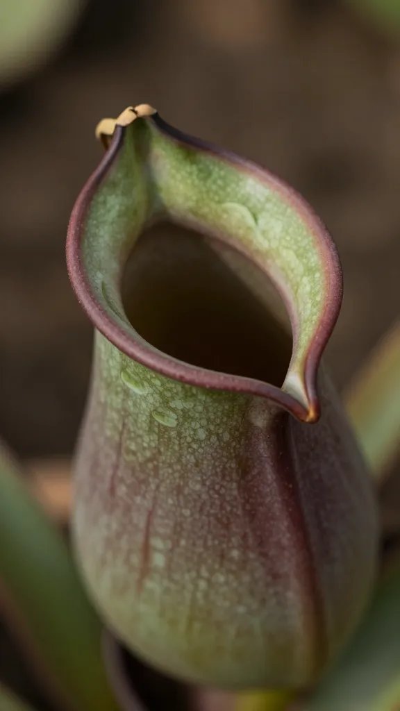 Cephalotus pitcher closeup with visible peristome, side lighting