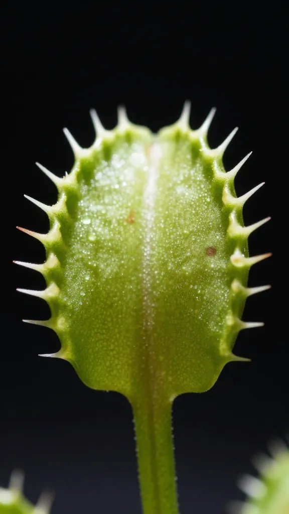 Venus flytrap trap detail, backlit cilia, black background