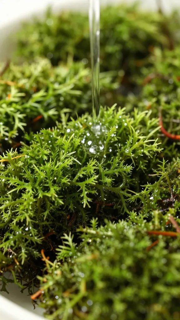 rinsed sphagnum moss substrate closeup, moisture beading