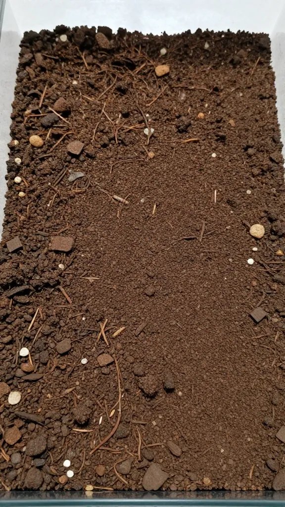 peat and perlite 1:1 mix in terrarium base, macro texture