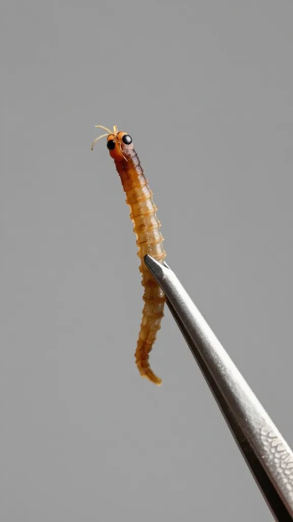 single dried bloodworm on tweezers, macro against gray