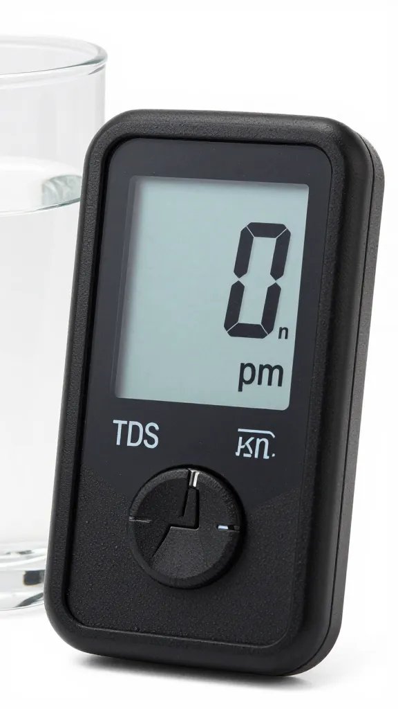 TDS meter reading 0 ppm beside water glass, product shot