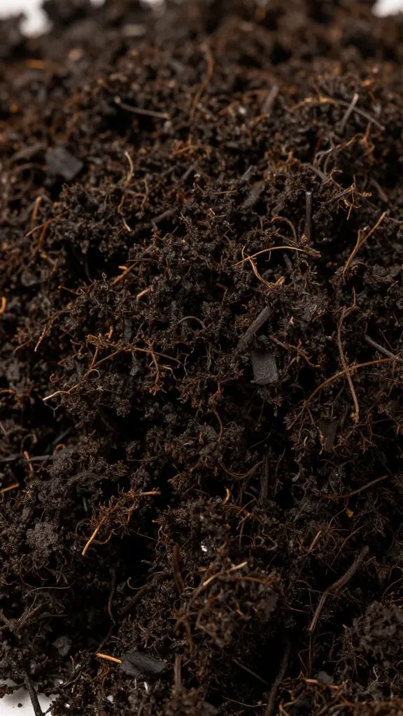 macro of dark peat moss handful showing fine compact texture