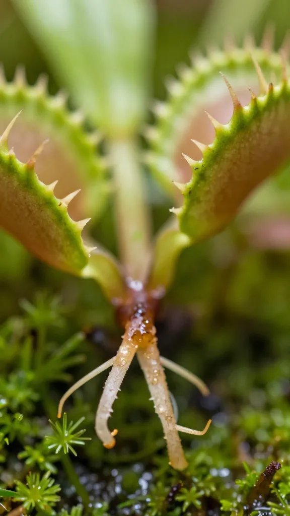 Venus flytrap root tips in moist sphagnum, extreme closeup