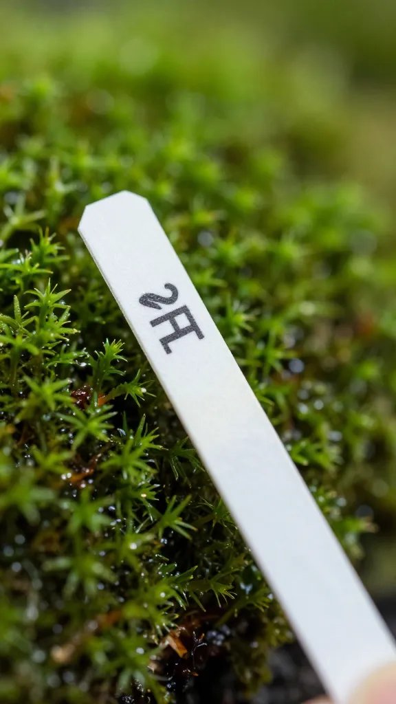 pH test strip touching wet sphagnum moss, tight macro