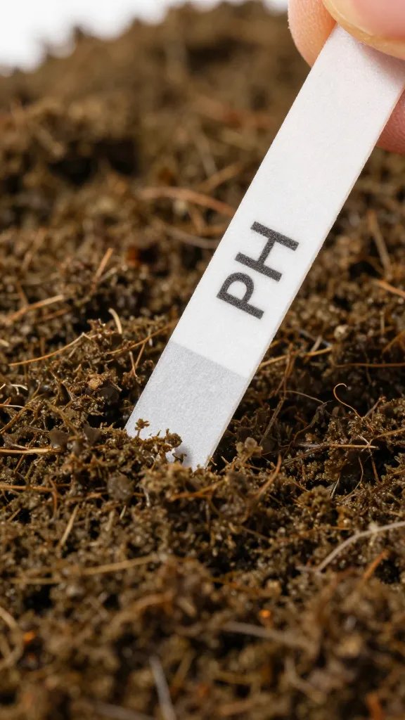 pH test strip pressed into hydrated peat moss, tight macro
