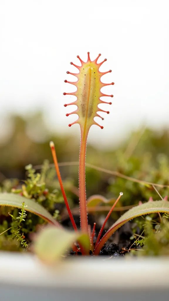 sundew seedling nestled in long-fiber sphagnum, macro shot
