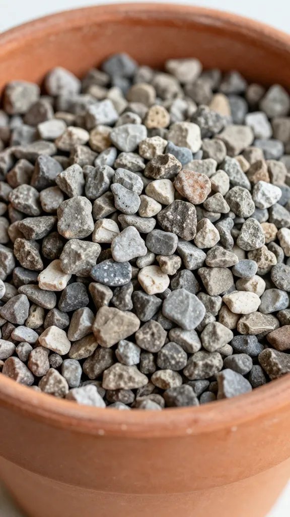 Washed gravel layer in terracotta pot, macro