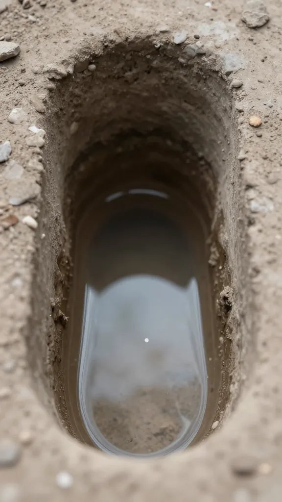 Single drainage hole with pooled water, closeup