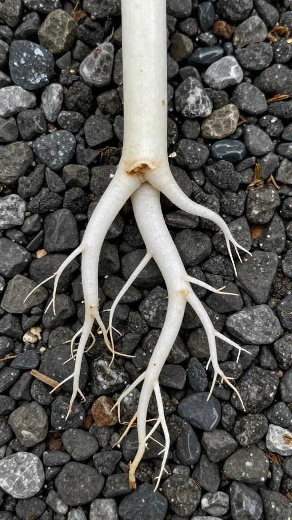 White plant roots against gravel base, macro