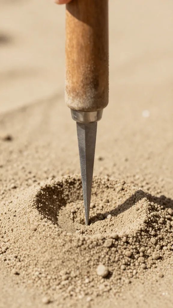 Compacted sand pressed by trowel tip, closeup