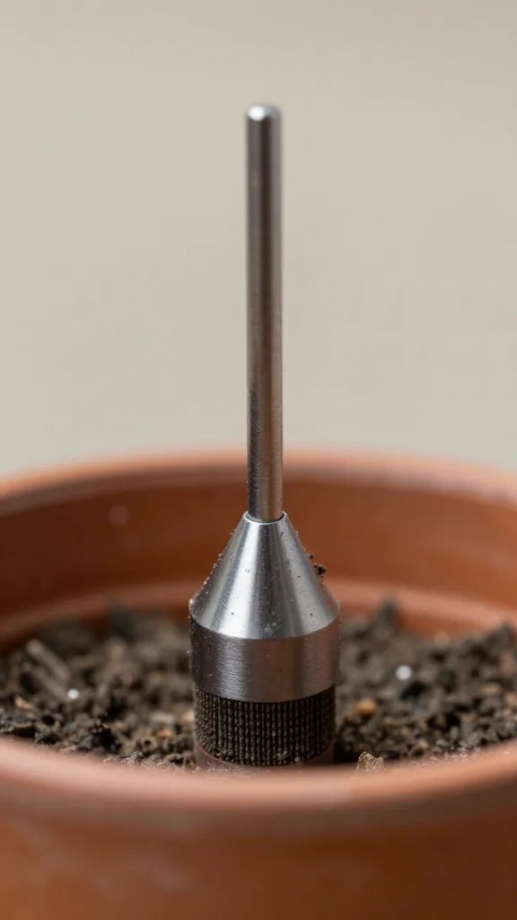 Moisture meter tip in pot base, macro