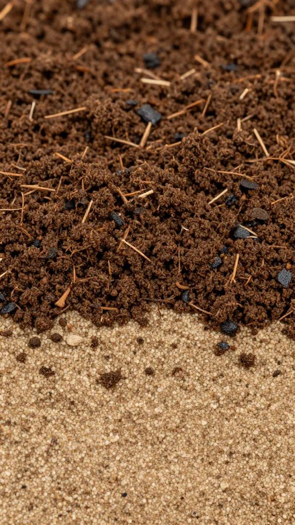 Soggy potting mix above sand interface, closeup